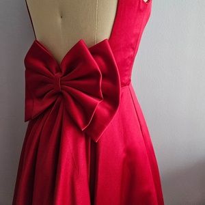 Red Satin Low Back Tea Length Skirt Oversized Backbow Vintage Style Maisel